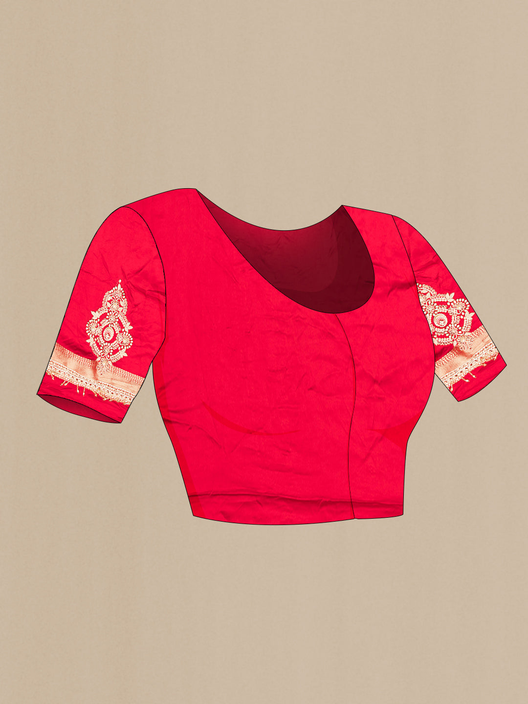 Close up image of the blouse of Red Satin Saree with Embroidered on the body and Sequin Border. 
