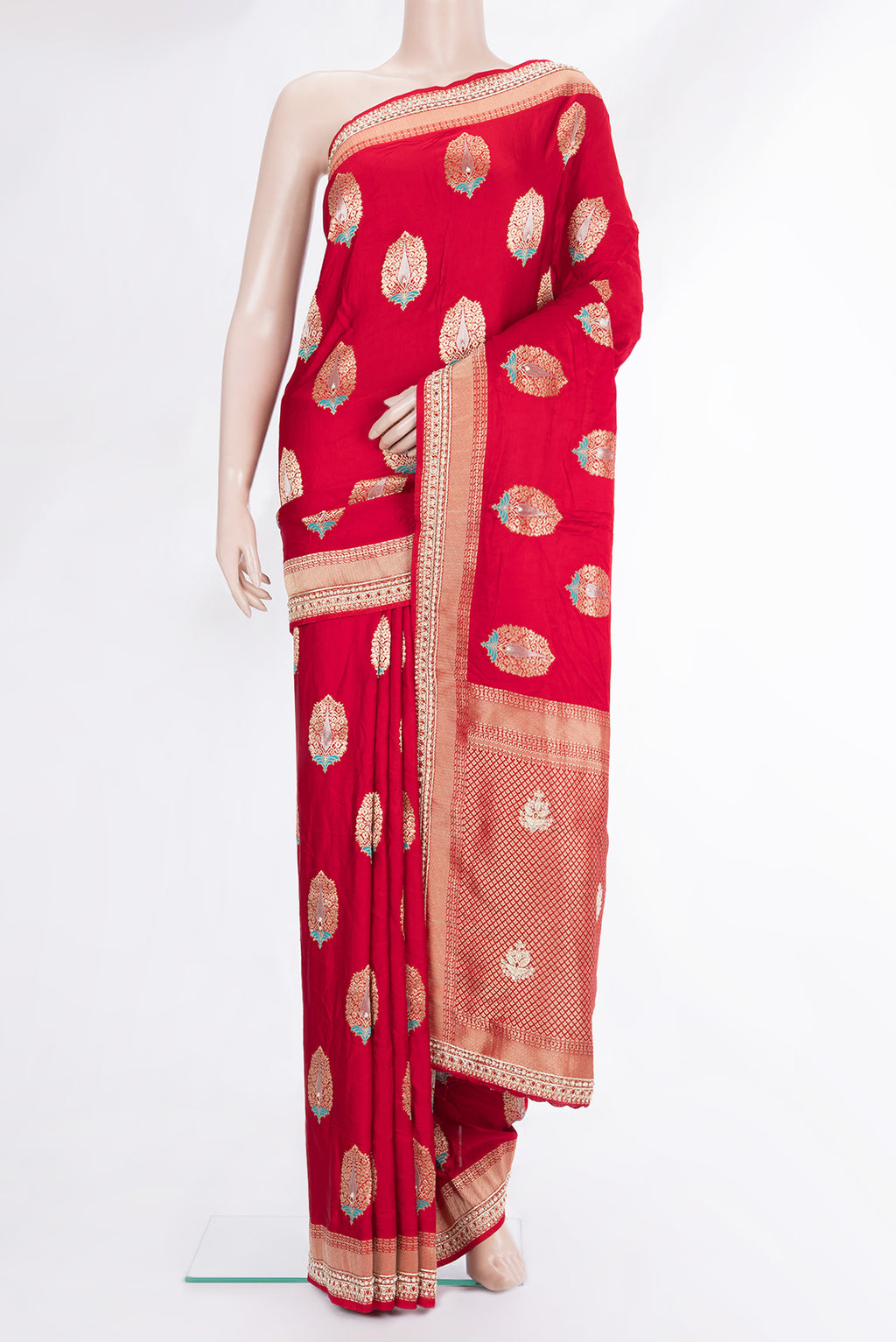 Red Satin Saree with Embroidered on the body and Sequin Border.  displayed on a mannequin