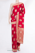 Red Satin Saree with Embroidered on the body and Sequin Border.  displayed on a mannequin