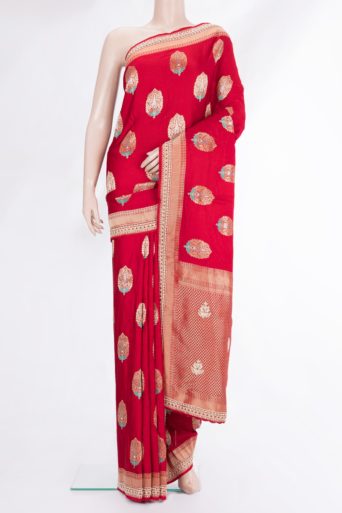 Red Satin Saree with Embroidered on the body and Sequin Border.  displayed on a mannequin