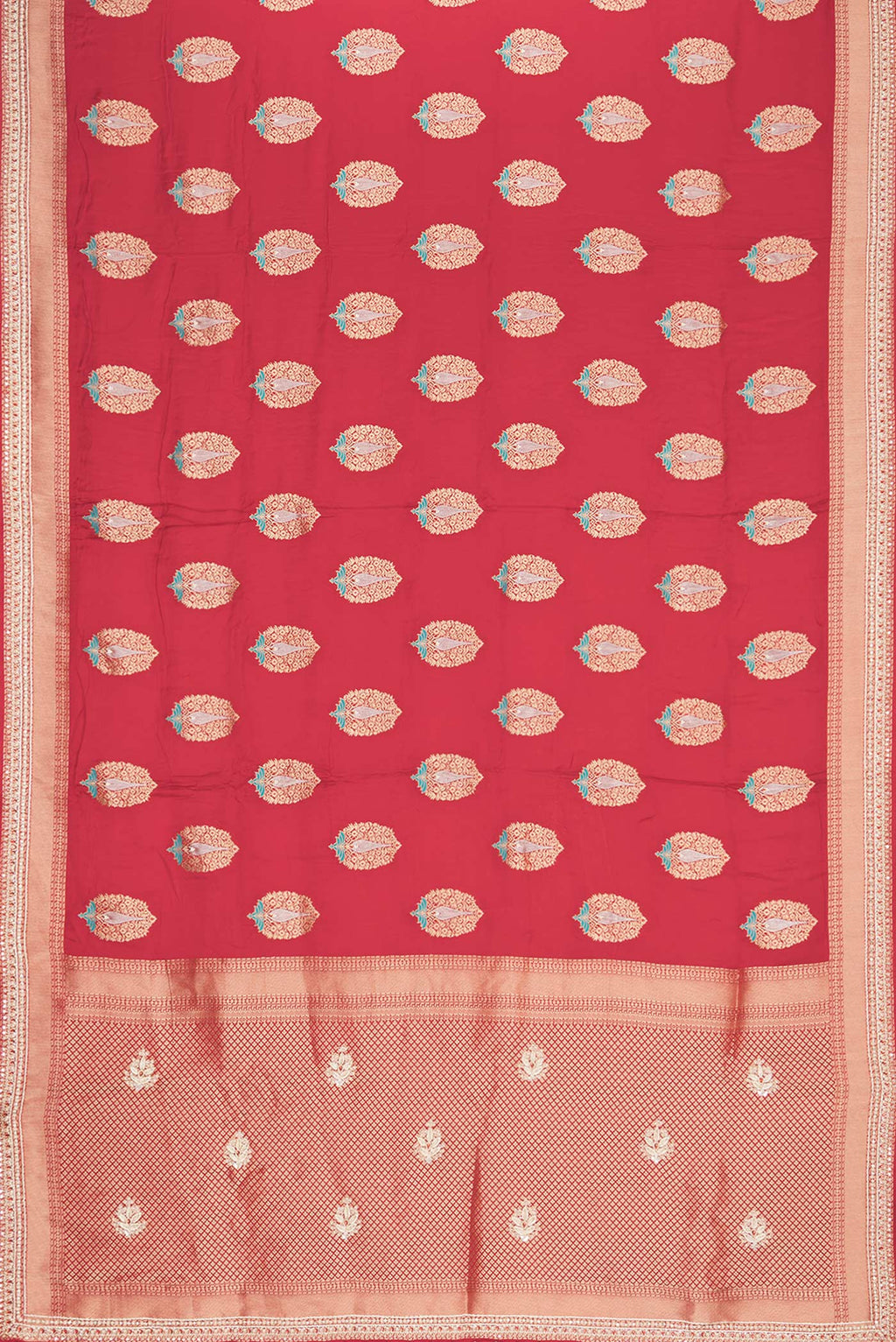 Flat view of Red Satin Saree with Embroidered on the body and Sequin Border. 