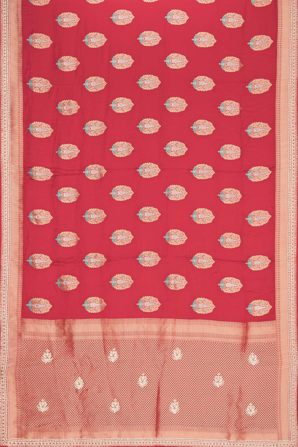 Flat view of Red Satin Saree with Embroidered on the body and Sequin Border. 