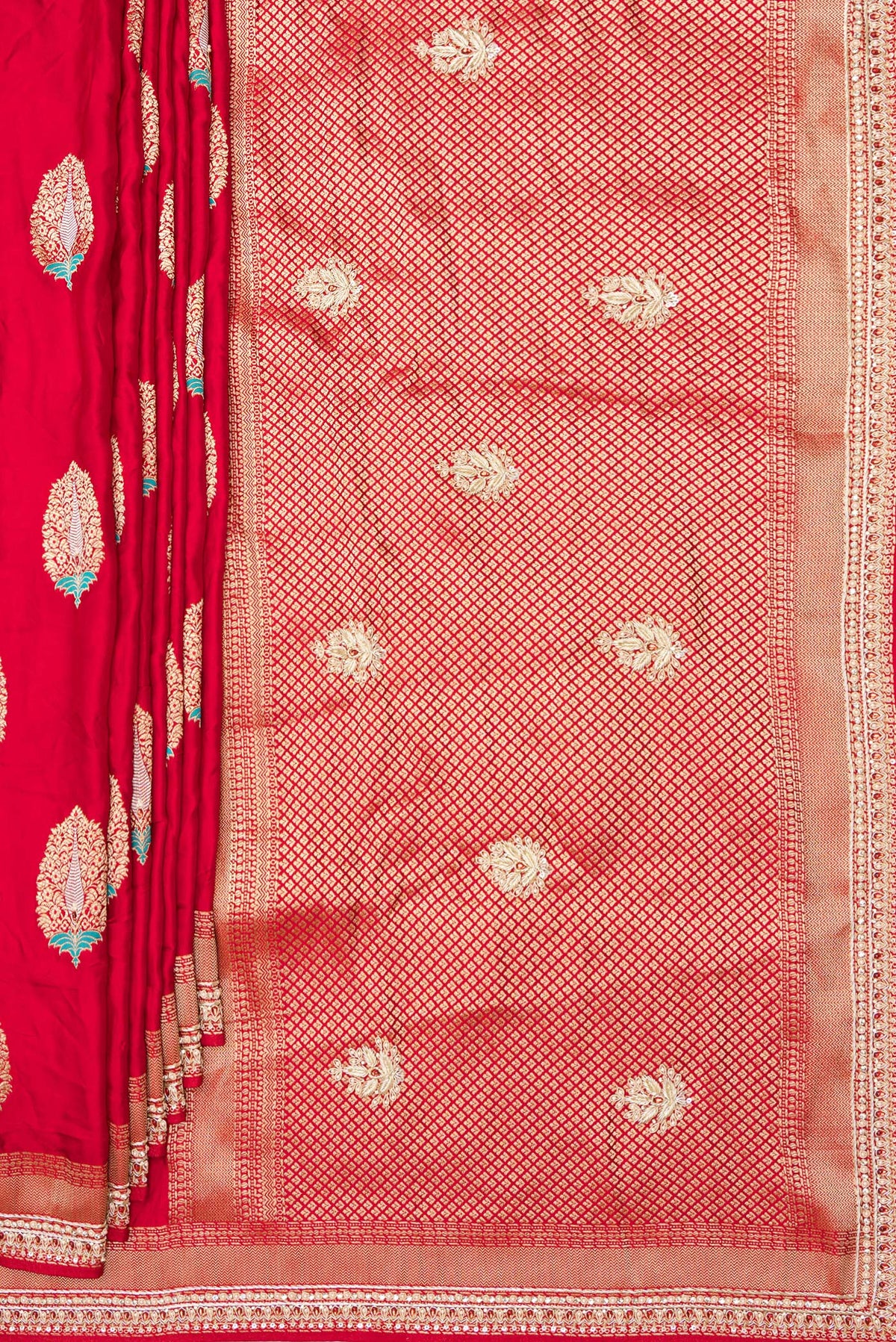 Pleats and pallu of Red Satin Saree with Embroidered on the body and Sequin Border. 