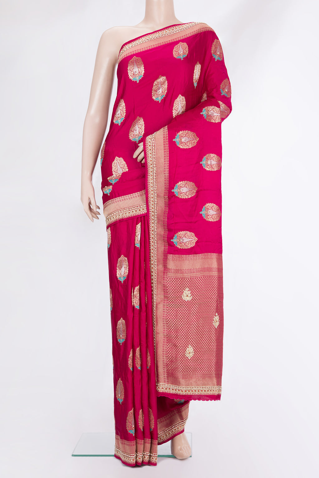 Dark Pink Dual Tone Satin Saree with Embroidered on the body and Embroidered Border.  displayed on a mannequin