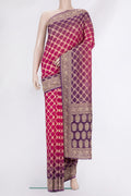 Pink and Lavender Color Banarasi Georgette Saree with Bandhani Print on the body and Embroidered Border.  displayed on a mannequin