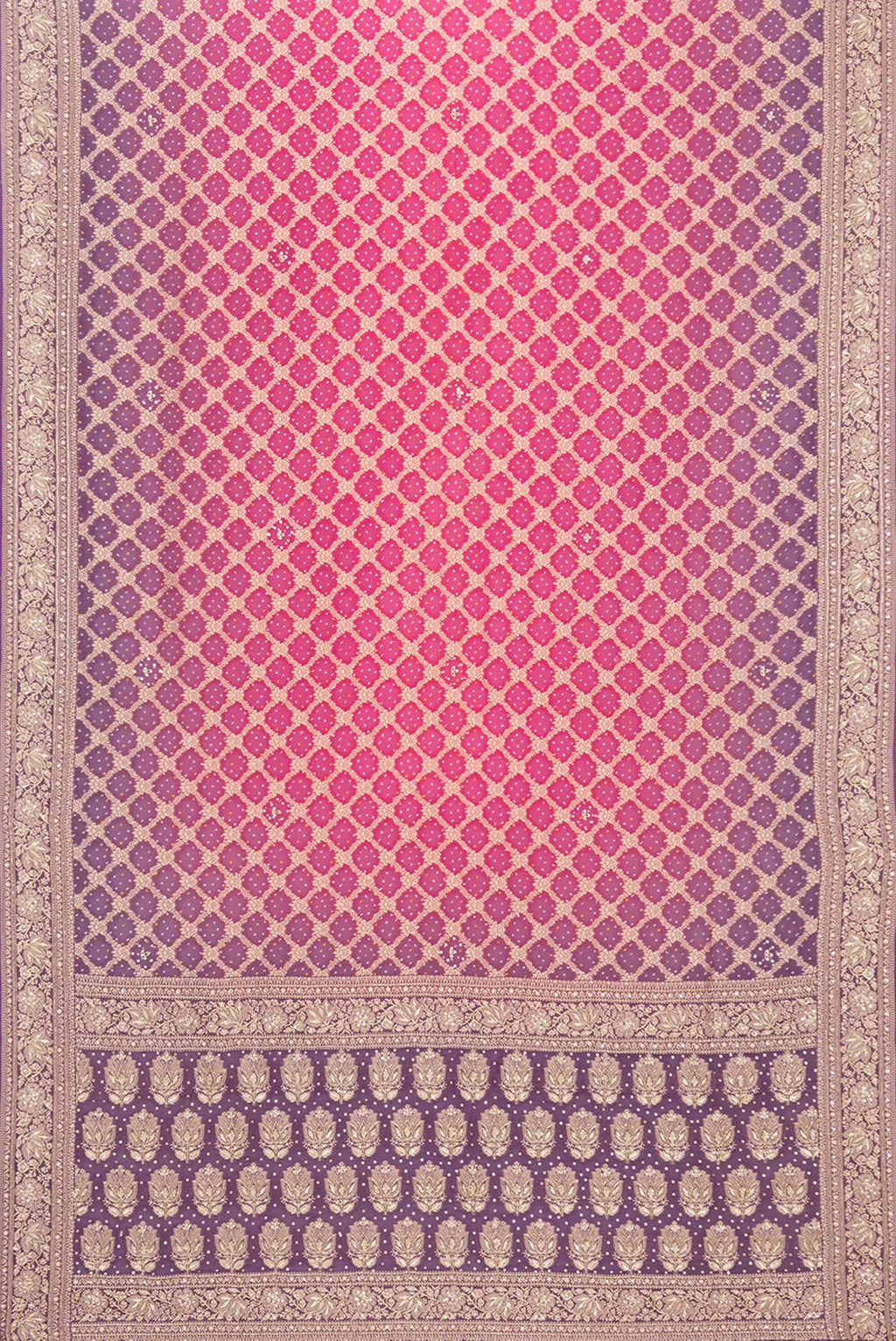 Flat view of Pink and Lavender Color Banarasi Georgette Saree with Bandhani Print on the body and Embroidered Border. 