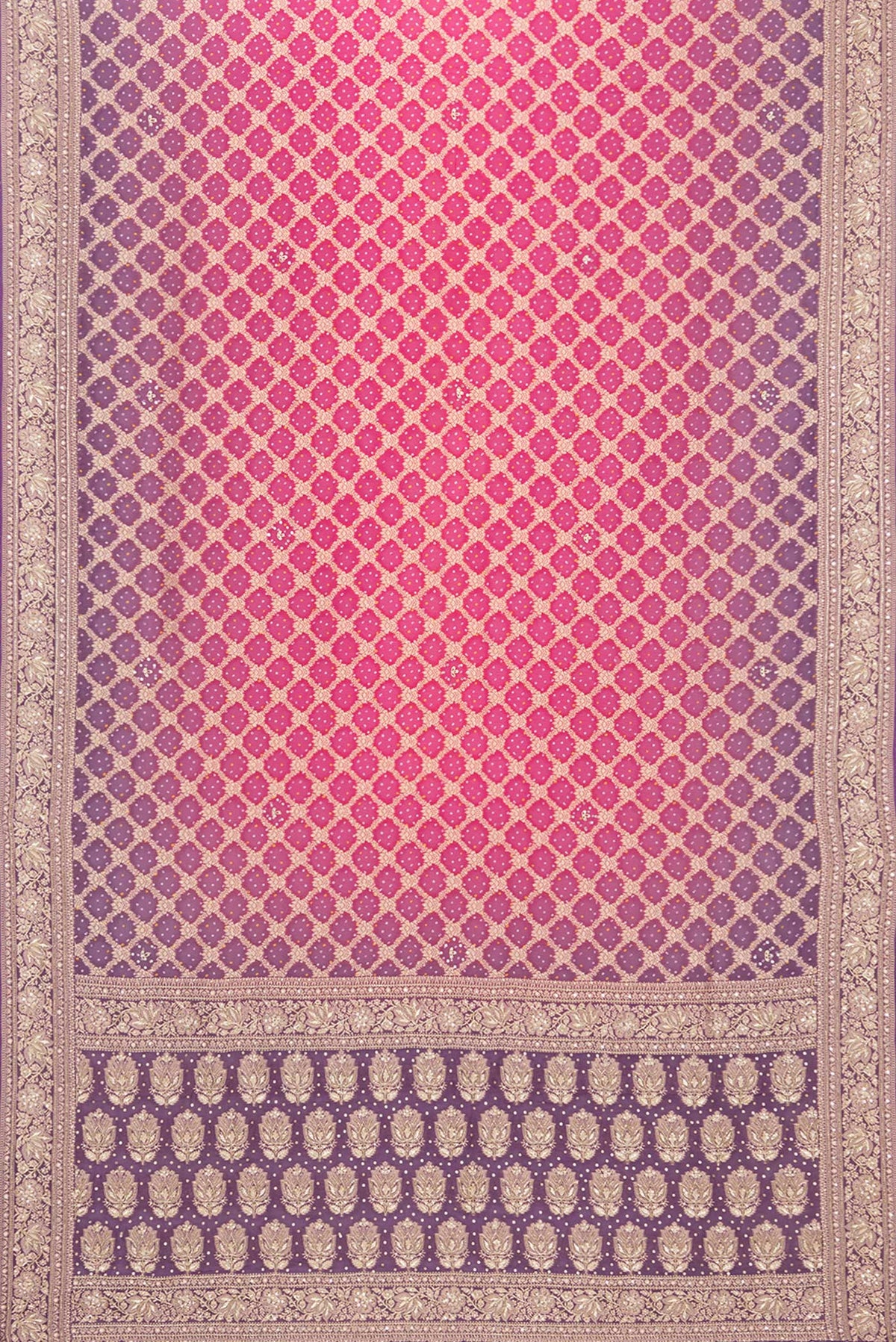 Flat view of Pink and Lavender Color Banarasi Georgette Saree with Bandhani Print on the body and Embroidered Border. 
