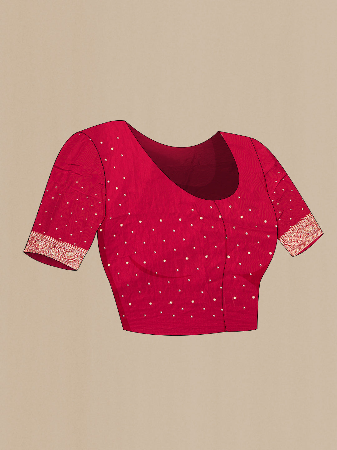 Close up image of the blouse of Red Blended Satin Silk Saree with Embroidered on the body and Sequin Border. 