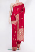 Red Blended Satin Silk Saree with Embroidered on the body and Sequin Border.  displayed on a mannequin