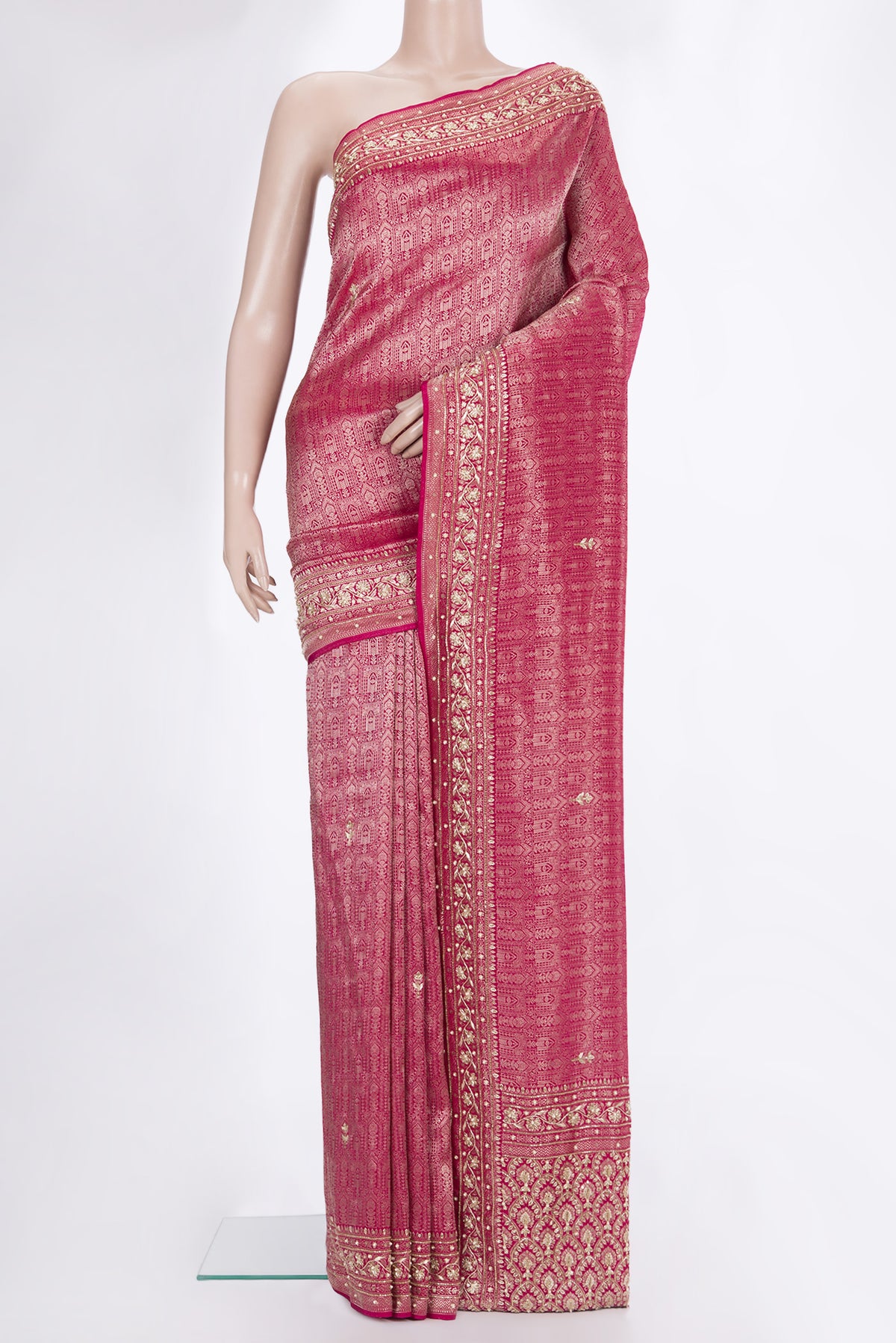 Dark Pink Dual Tone Crepe Saree with Embroidered on the body and Sequin Border.  displayed on a mannequin