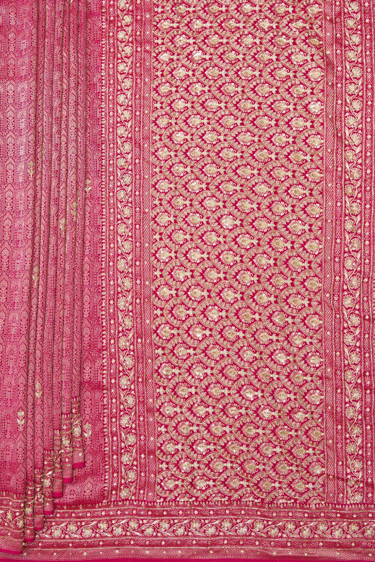 Pleats and pallu of Dark Pink Dual Tone Crepe Saree with Embroidered on the body and Sequin Border. 