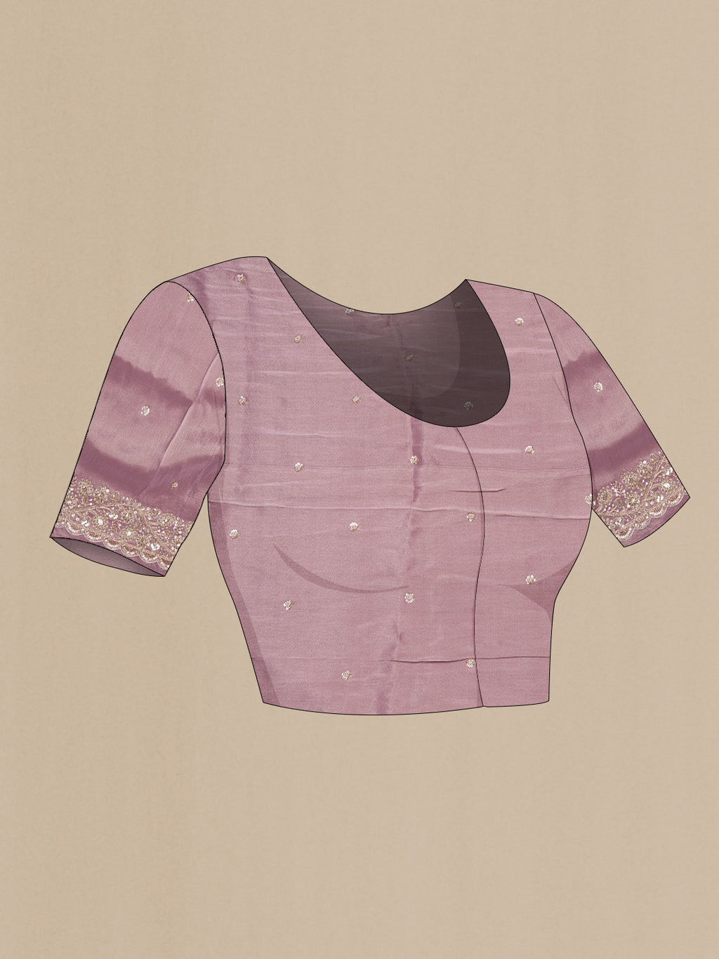 Close up image of the blouse of Lavender Dual Tone Blended Tissue Silk Saree with Zari Brocade on the body and Sequin Border. 