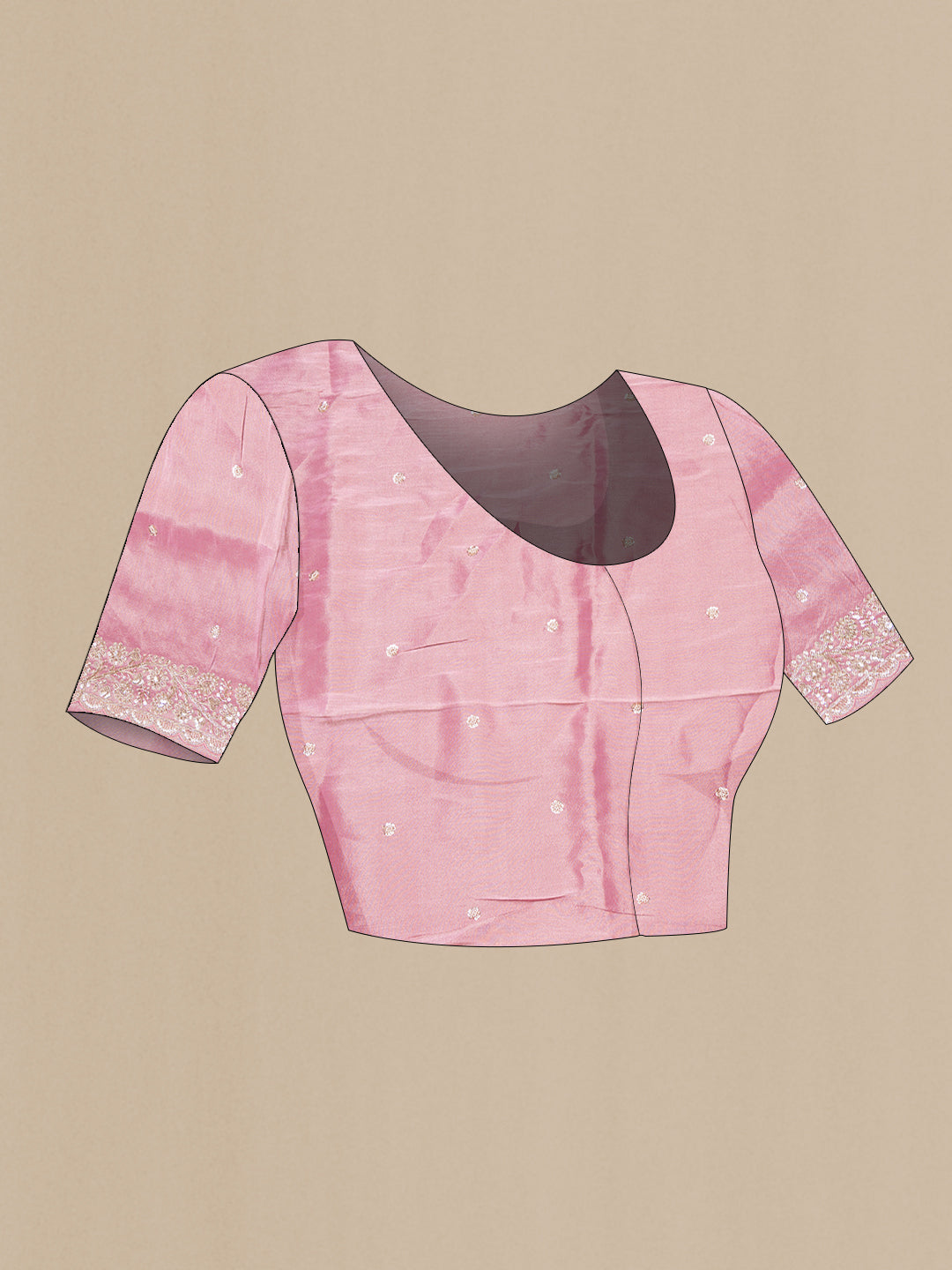Close up image of the blouse of Rose pink Tissue Saree with Zari Brocade on the body and Sequin Border. 