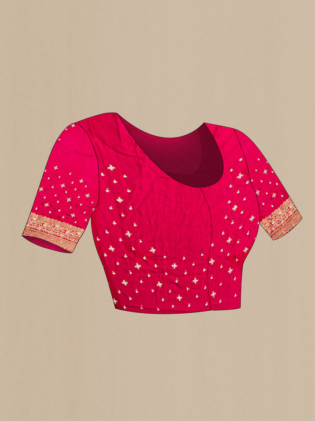 Close up image of the blouse of Imperial Red Crepe Saree with Embroidered on the body and Sequin Border. 