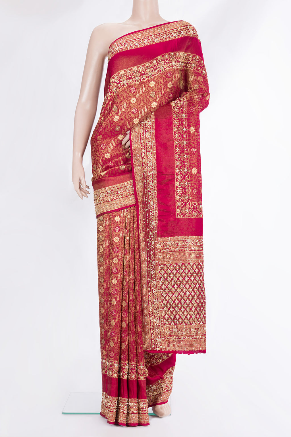 Imperial Red Crepe Saree with Embroidered on the body and Sequin Border.  displayed on a mannequin