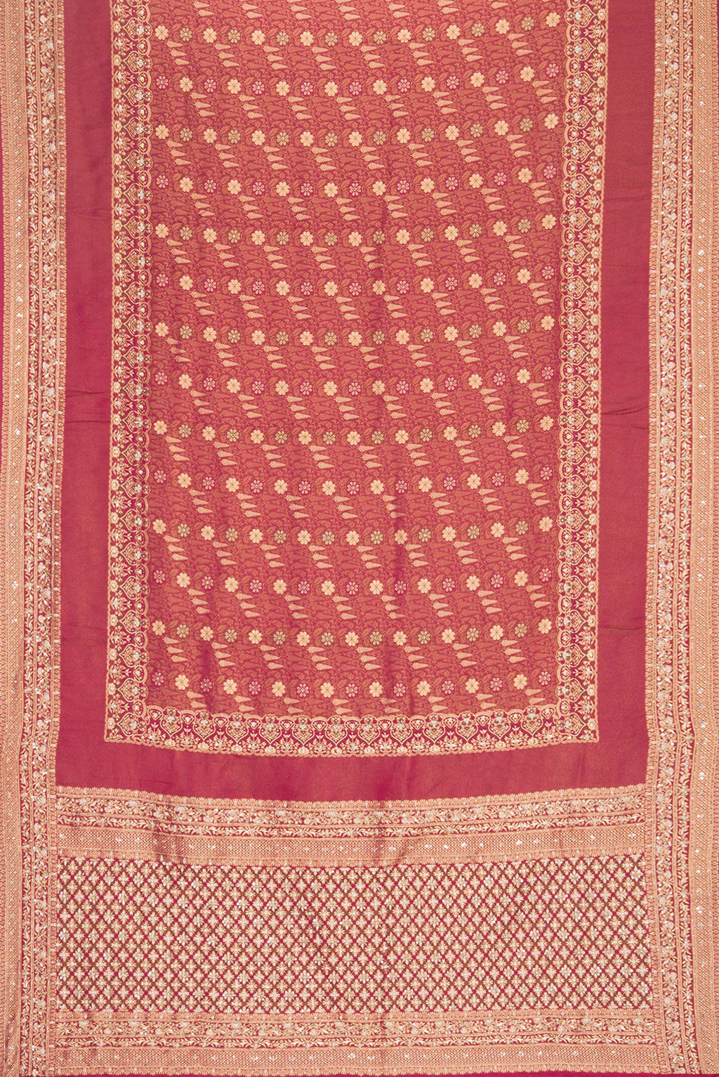 Flat view of Imperial Red Crepe Saree with Embroidered on the body and Sequin Border. 