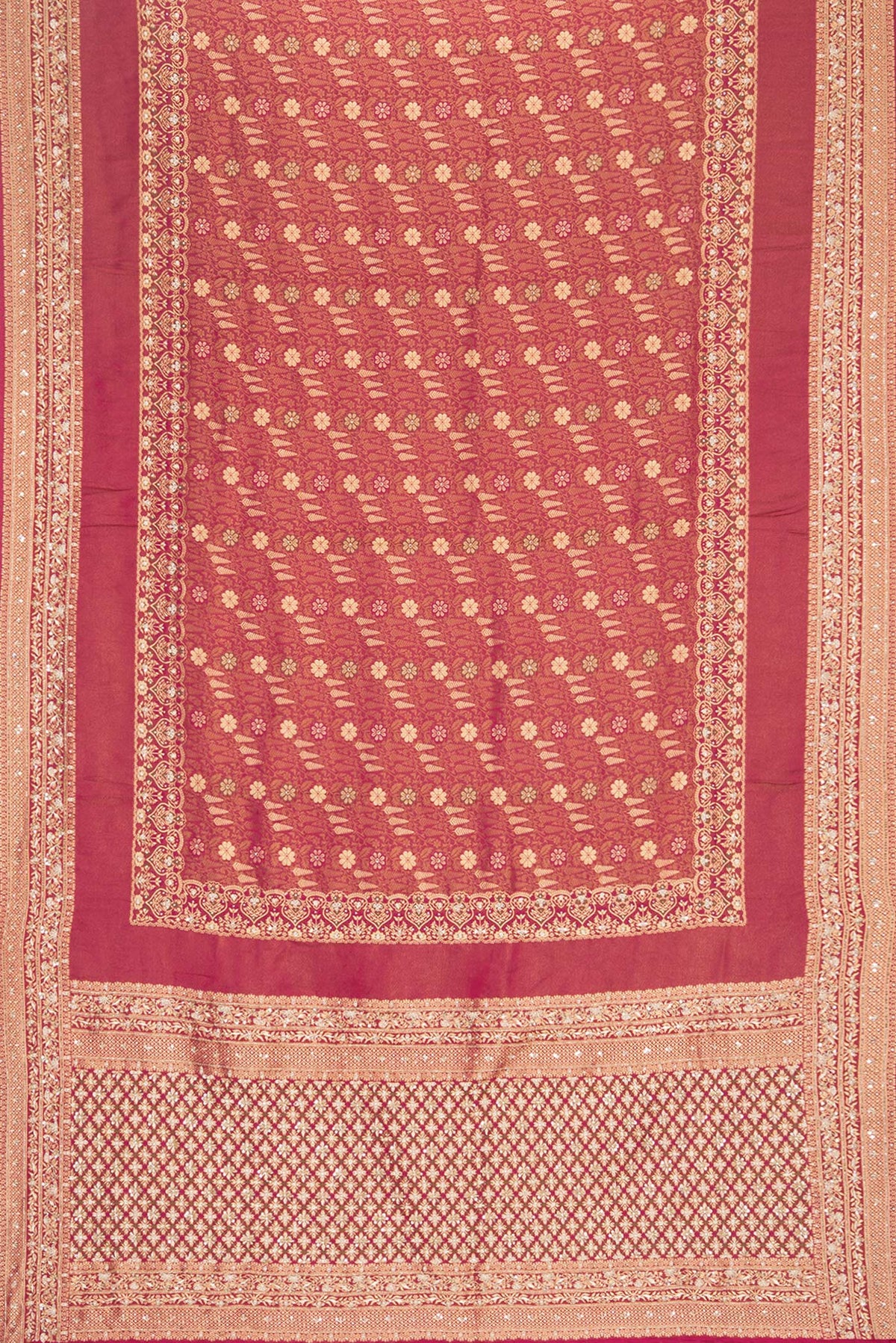 Flat view of Imperial Red Crepe Saree with Embroidered on the body and Sequin Border. 