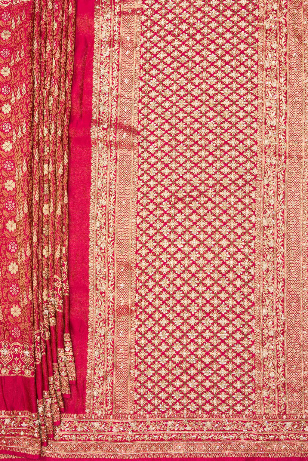 Pleats and pallu of Imperial Red Crepe Saree with Embroidered on the body and Sequin Border. 