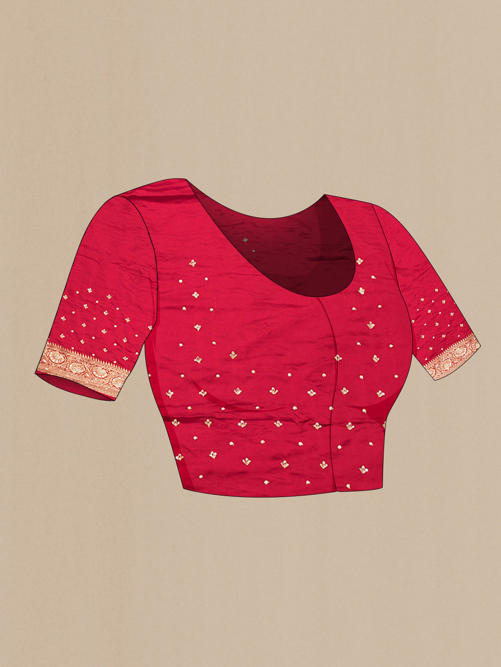 Close up image of the blouse of Deep Red Satin Saree with Embroidered on the body and Sequin Border. 