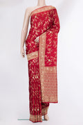 Deep Red Satin Saree with Embroidered on the body and Sequin Border.  displayed on a mannequin