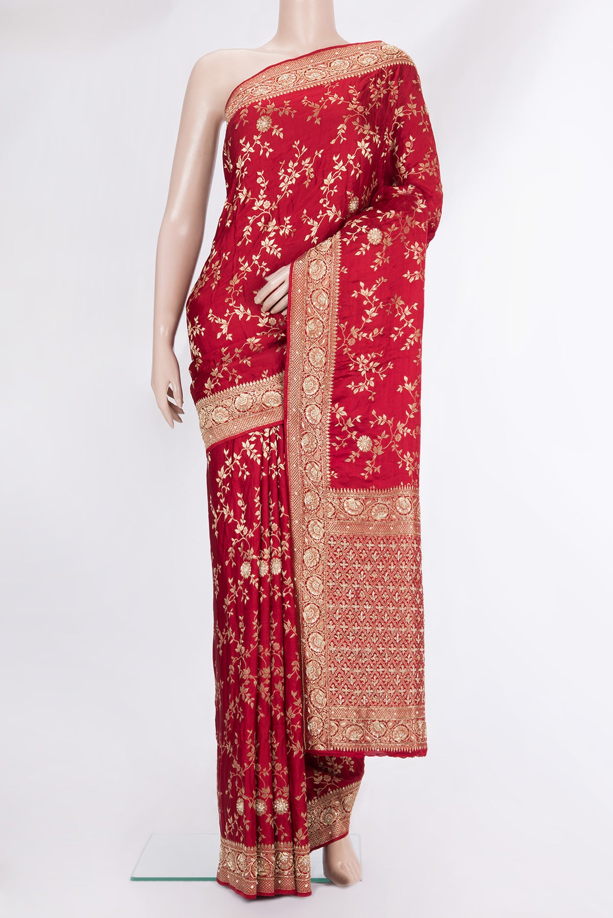 Deep Red Satin Saree with Embroidered on the body and Sequin Border.  displayed on a mannequin