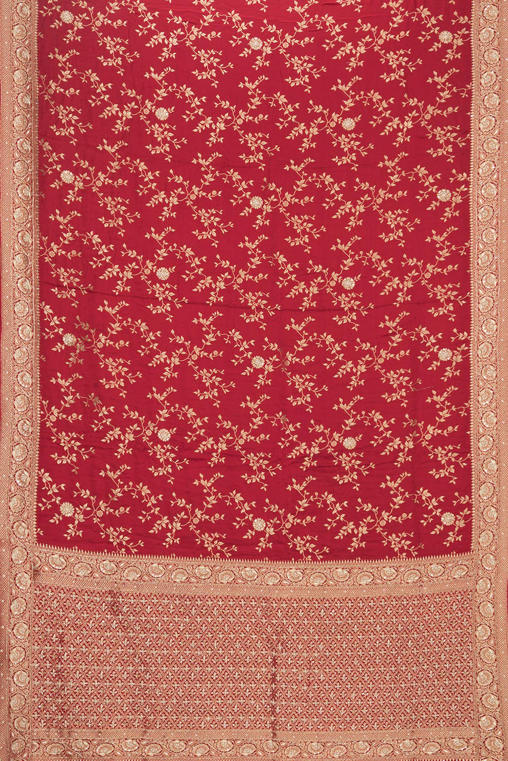 Flat view of Deep Red Satin Saree with Embroidered on the body and Sequin Border. 