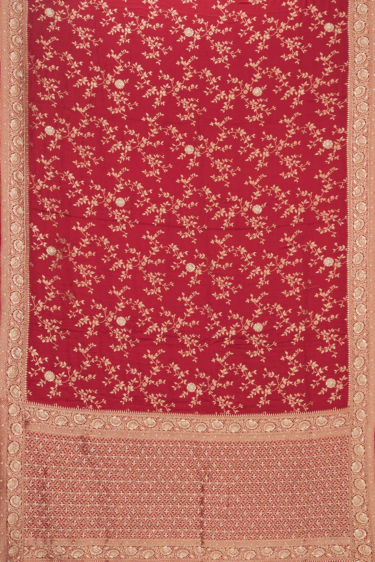 Flat view of Deep Red Satin Saree with Embroidered on the body and Sequin Border. 