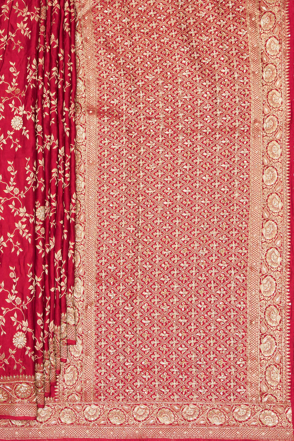 Pleats and pallu of Deep Red Satin Saree with Embroidered on the body and Sequin Border. 