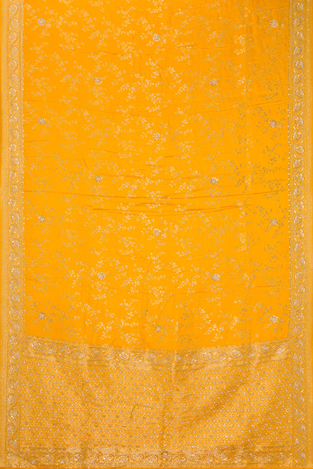 Flat view of Yellow Satin Crepe Saree with Embroidered on the body and Sequin Border. 