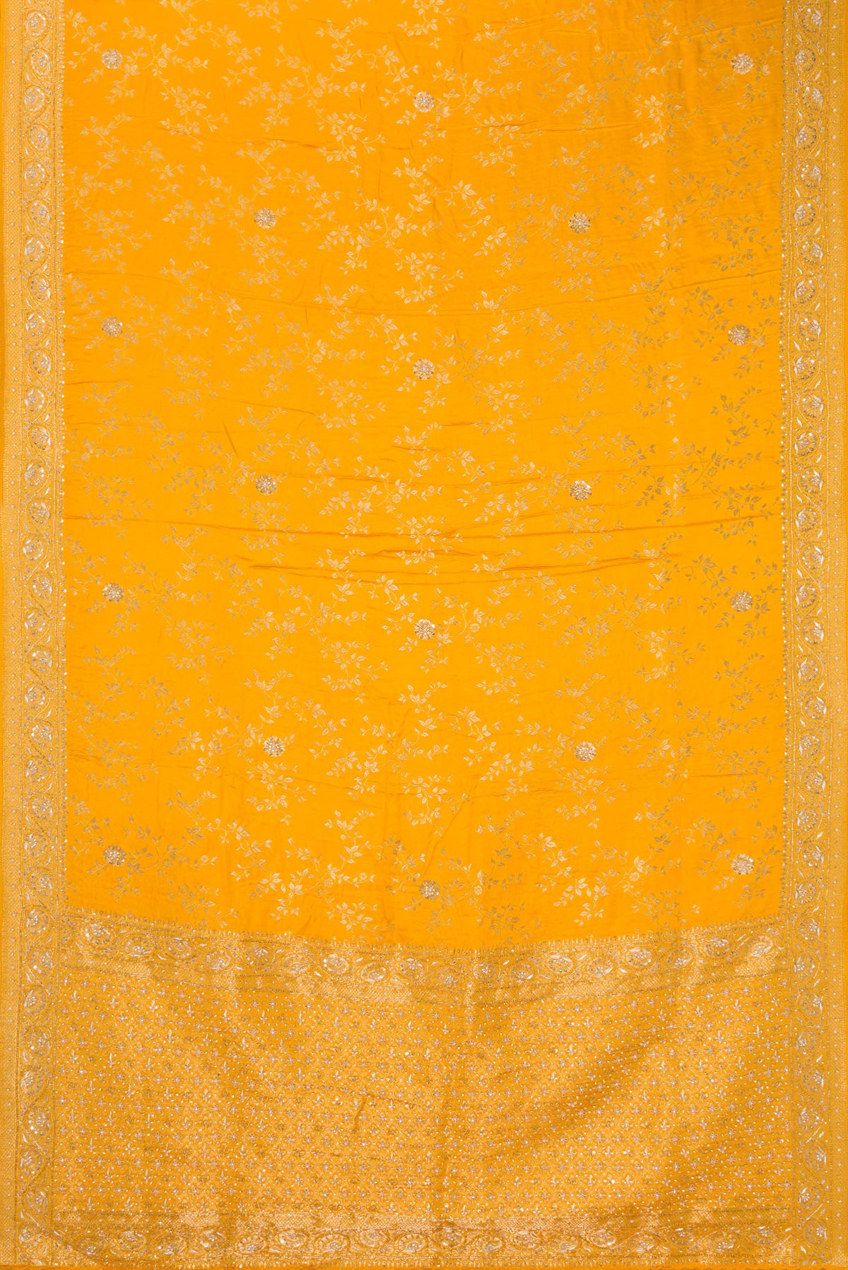 Flat view of Yellow Satin Crepe Saree with Embroidered on the body and Sequin Border. 