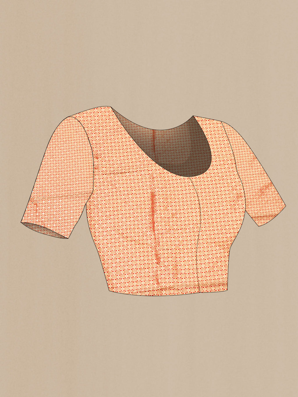 Close up image of the blouse of Orange Satin Saree with Plain Body and Sequin Border. 
