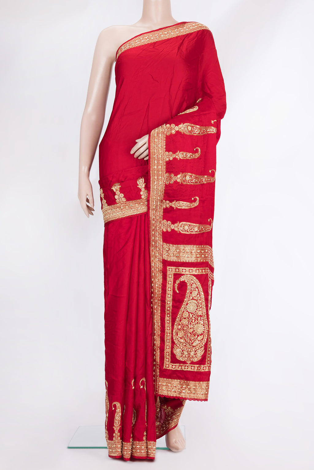 Red Satin Saree with Embroidered on the body and Sequin Border.  displayed on a mannequin