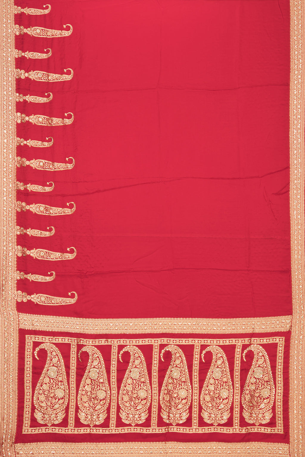 Flat view of Red Satin Saree with Embroidered on the body and Sequin Border. 