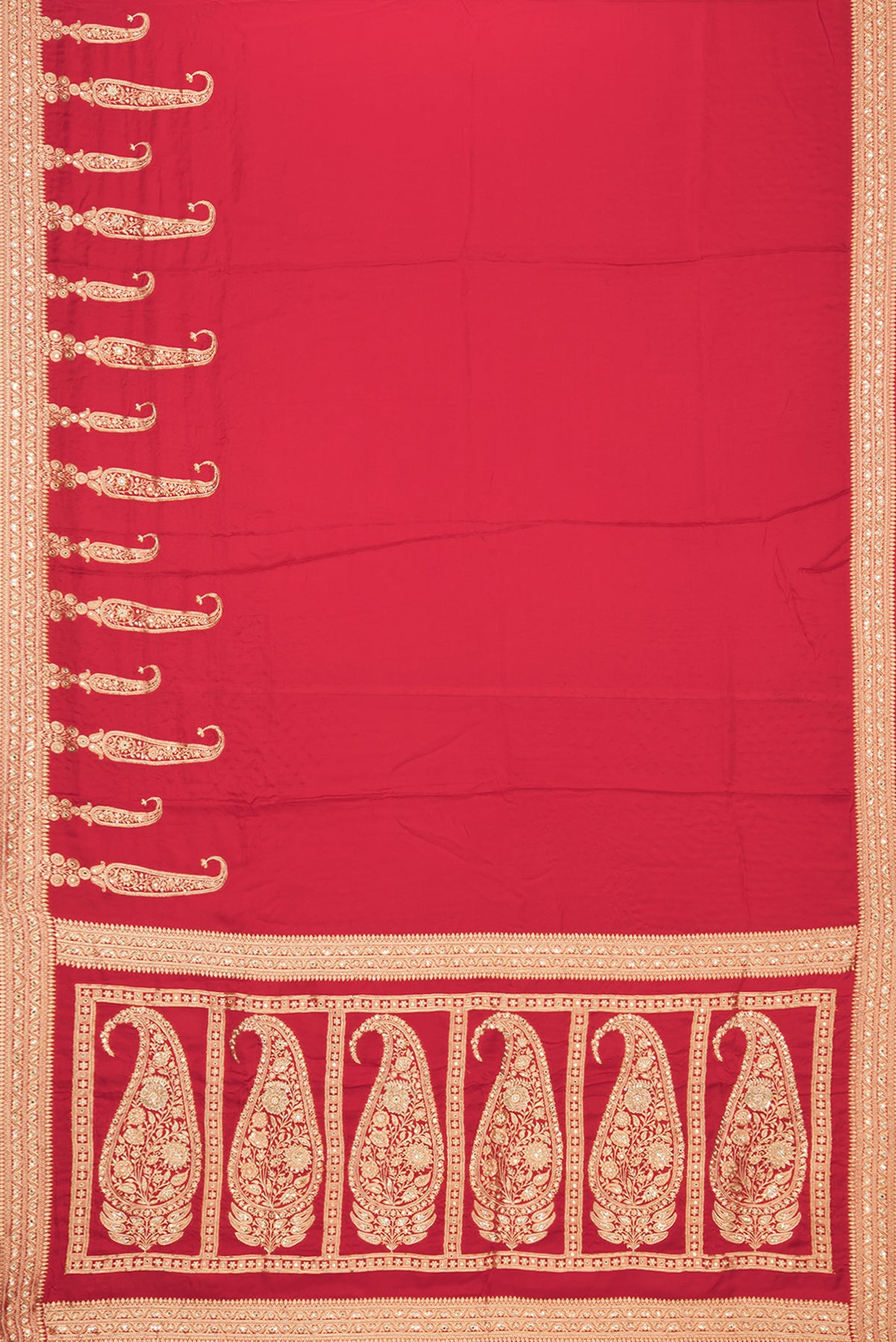 Flat view of Red Satin Saree with Embroidered on the body and Sequin Border. 