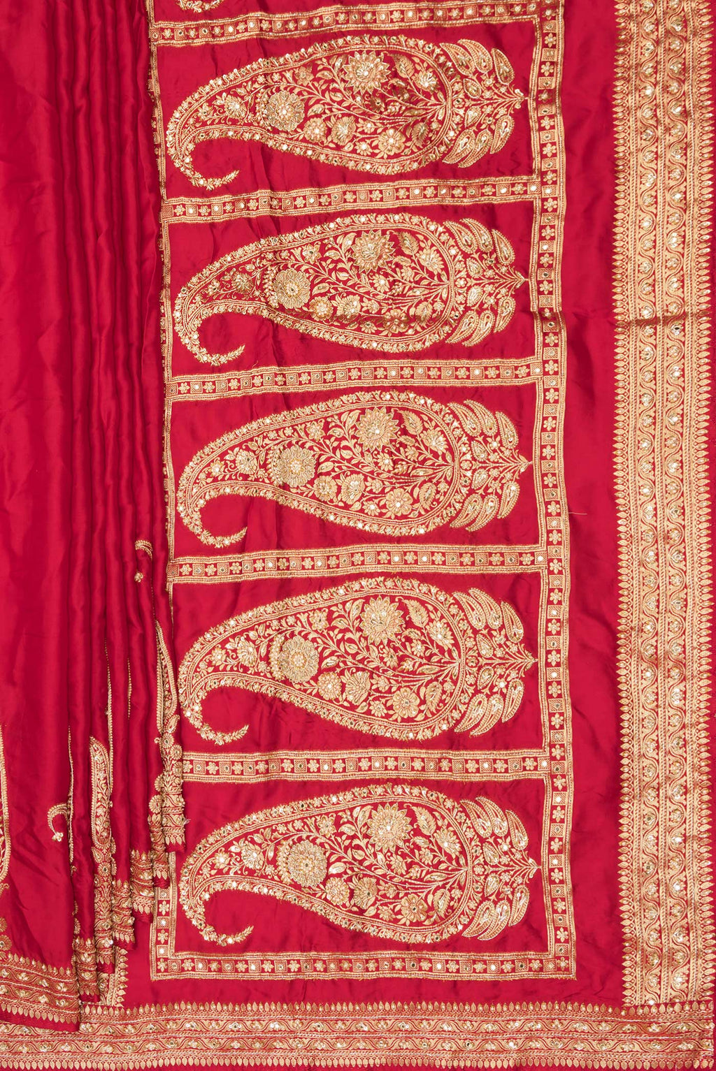 Pleats and pallu of Red Satin Saree with Embroidered on the body and Sequin Border. 