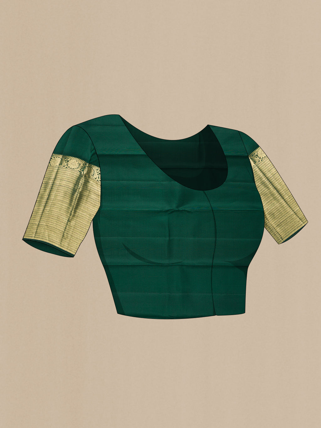 Close up image of the blouse of Pure Silk Bottle Green Kanjivaram Saree with Zari Butta on the body and Zari Border. 