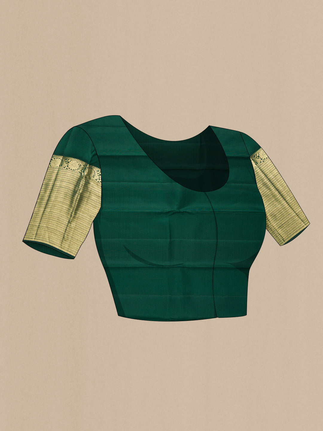 Close up image of the blouse of Pure Silk Bottle Green Kanjivaram Saree with Zari Butta on the body and Zari Border. 