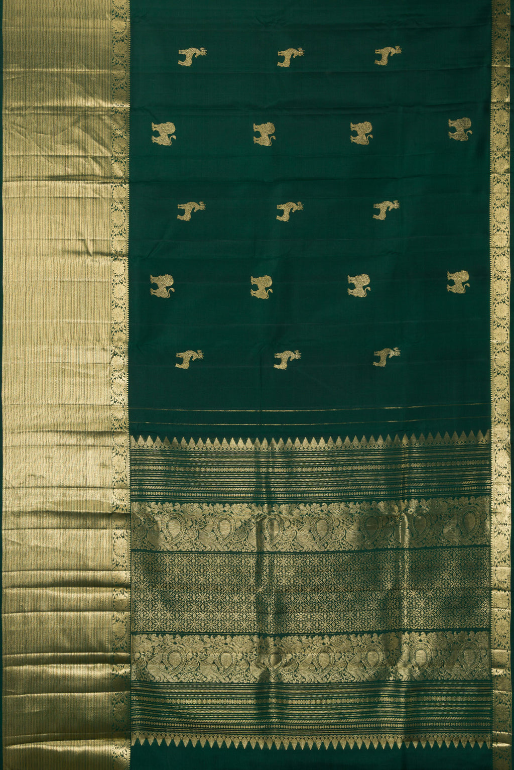 Flat view of Pure Silk Bottle Green Kanjivaram Saree with Zari Butta on the body and Zari Border. 