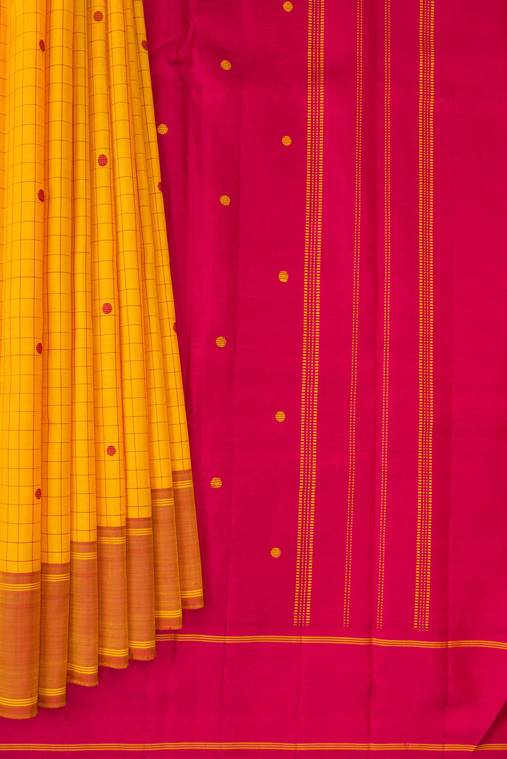 Pleats and pallu of Pure Silk Yellow Kanjivaram Saree with Checked design on the body and Plain Border. 