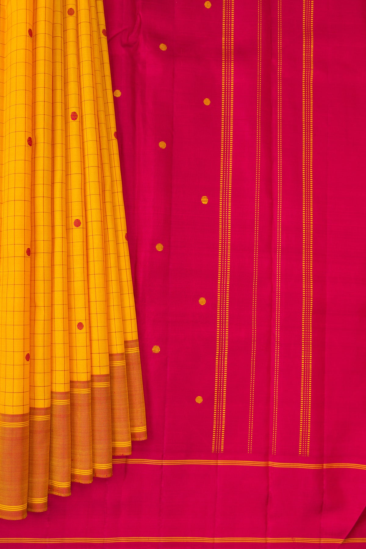 Pleats and pallu of Pure Silk Yellow Kanjivaram Saree with Checked design on the body and Plain Border. 