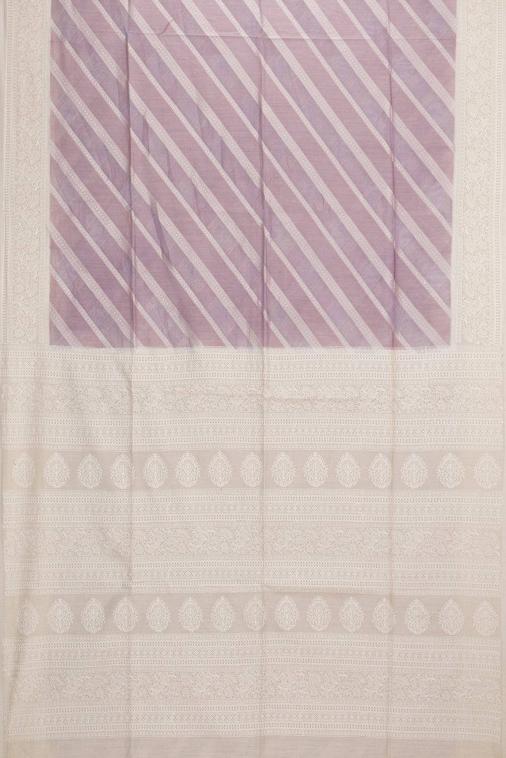 Flat view of Lavender Dual Tone Tussar Saree with Zari Brocade on the body and Embroidered Border. 