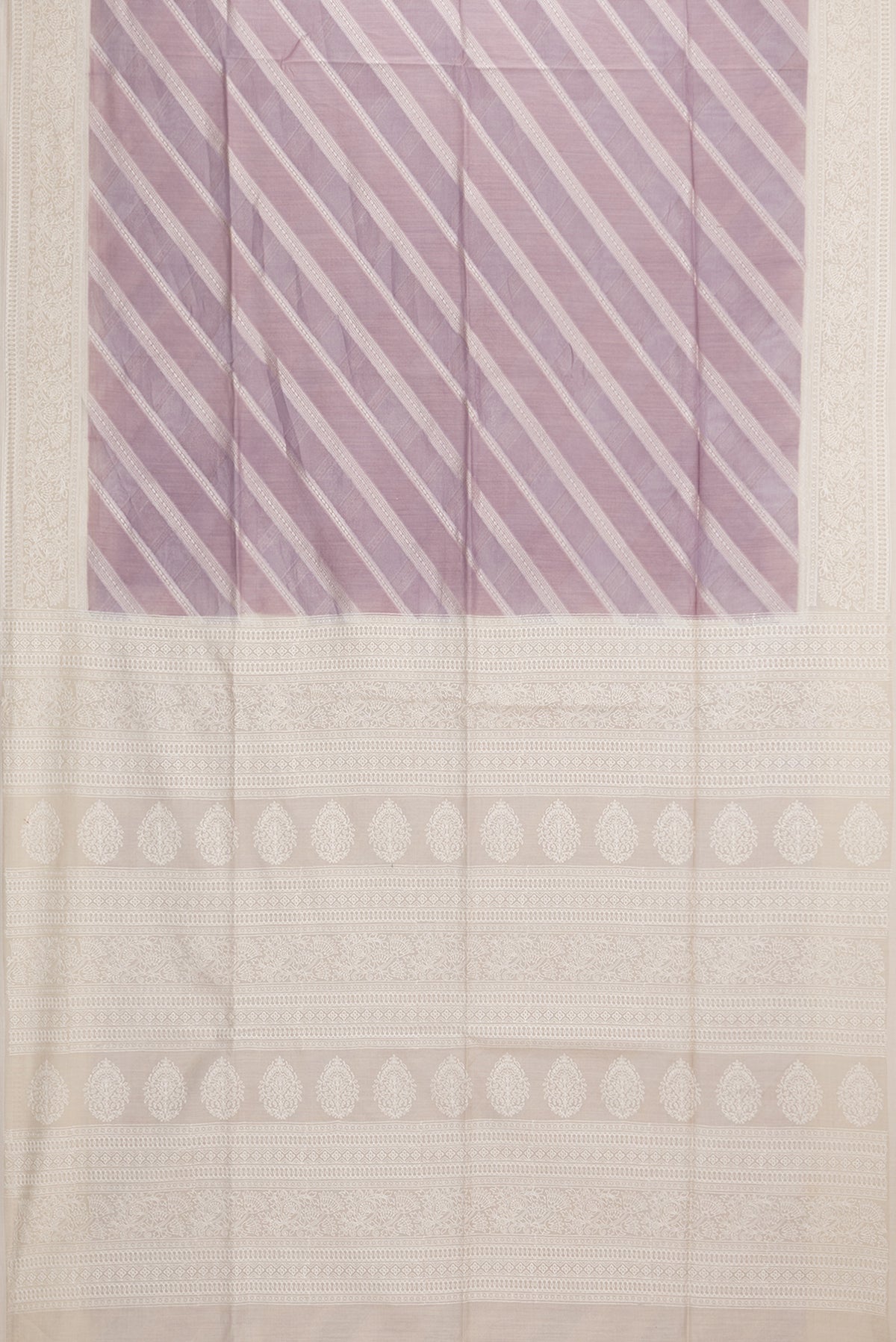 Flat view of Lavender Dual Tone Tussar Saree with Zari Brocade on the body and Embroidered Border. 