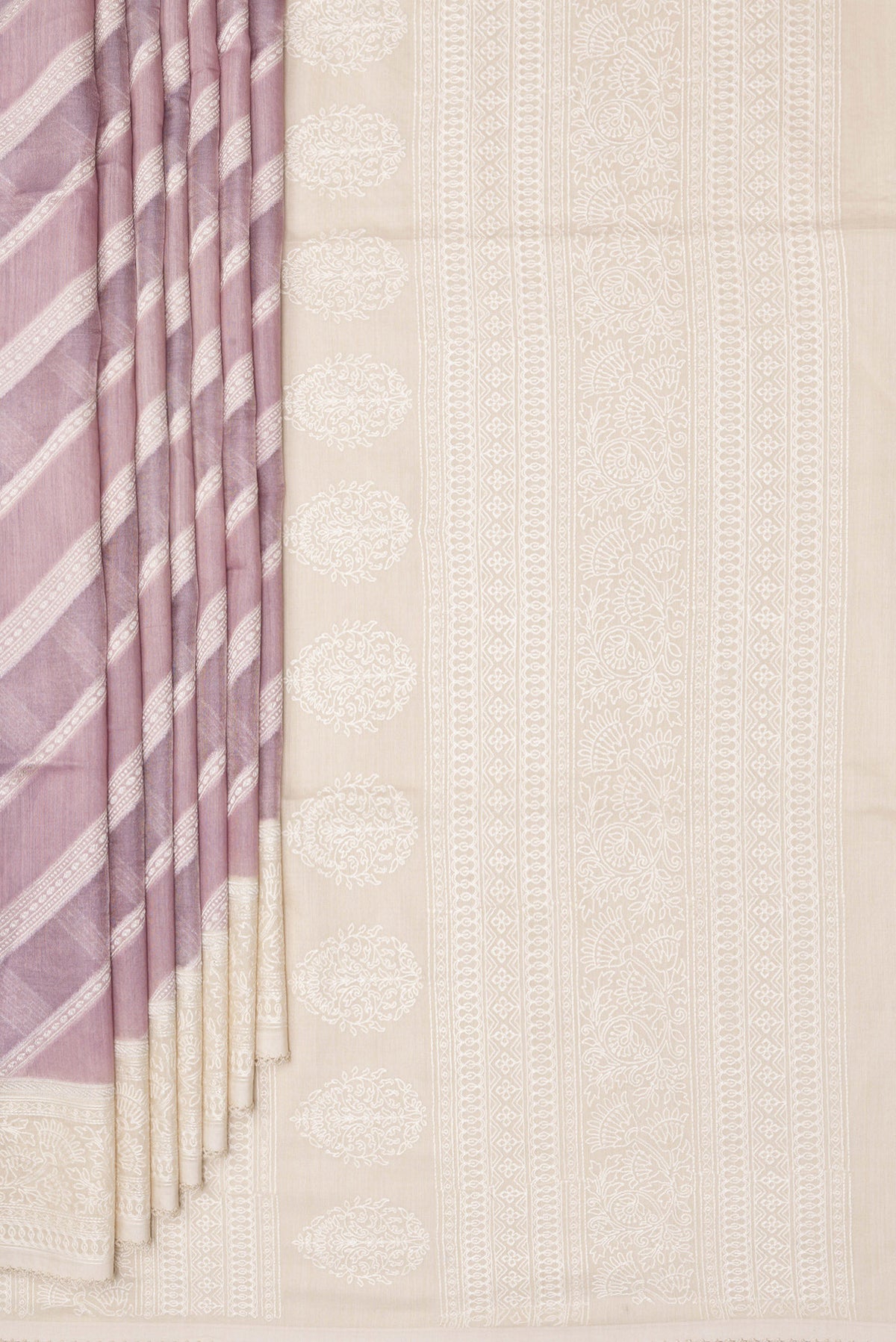 Pleats and pallu of Lavender Dual Tone Tussar Saree with Zari Brocade on the body and Embroidered Border. 