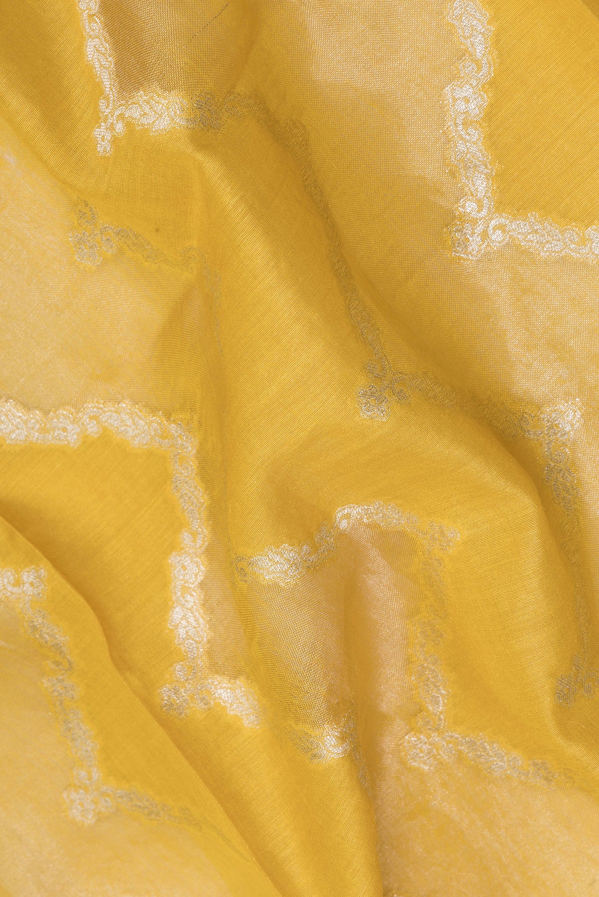 Close up of Yellow Tussar Saree with Zari Brocade on the body and Embroidered Border.  displaying folds