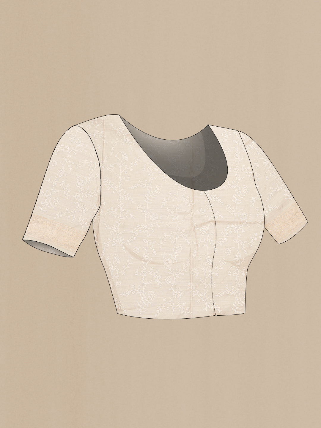 Close up image of the blouse of Brown Tussar Saree with Embroidered on the body and Embroidered Border. 