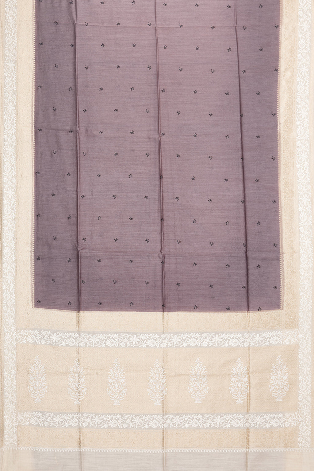 Flat view of Brown Tussar Saree with Embroidered on the body and Embroidered Border. 