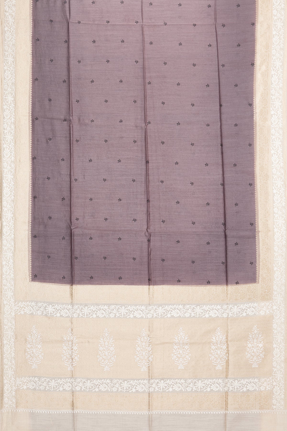 Flat view of Brown Tussar Saree with Embroidered on the body and Embroidered Border. 