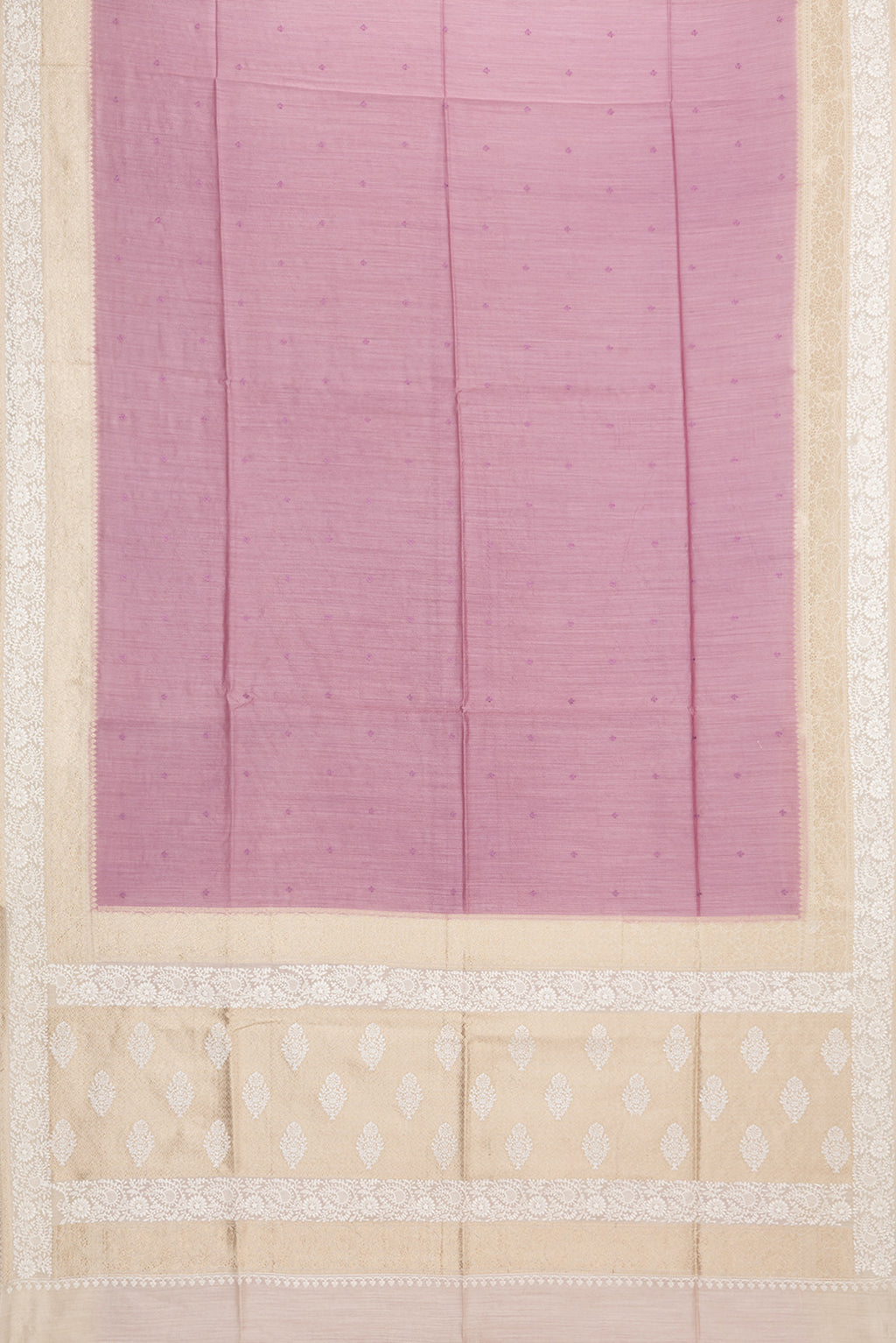 Flat view of Pink Tussar Saree with Embroidered on the body and Embroidered Border. 