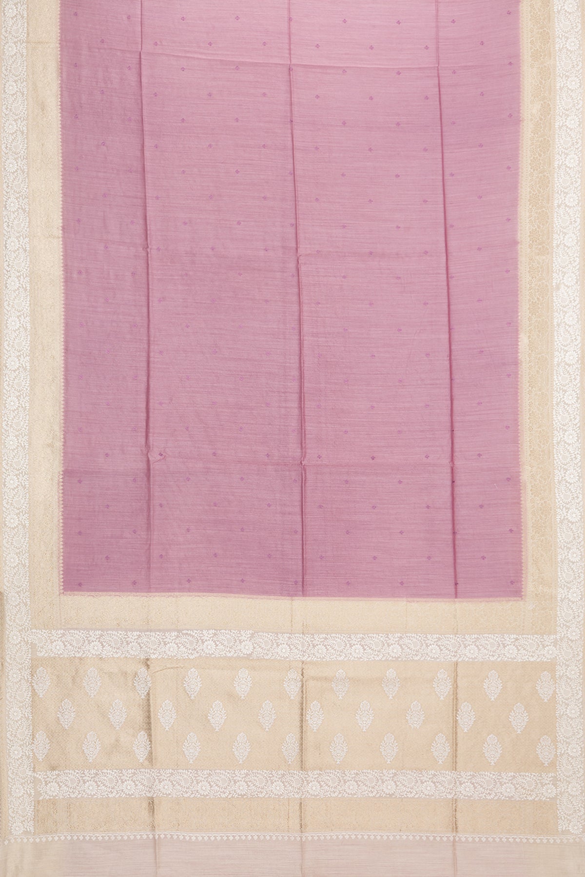 Flat view of Pink Tussar Saree with Embroidered on the body and Embroidered Border. 