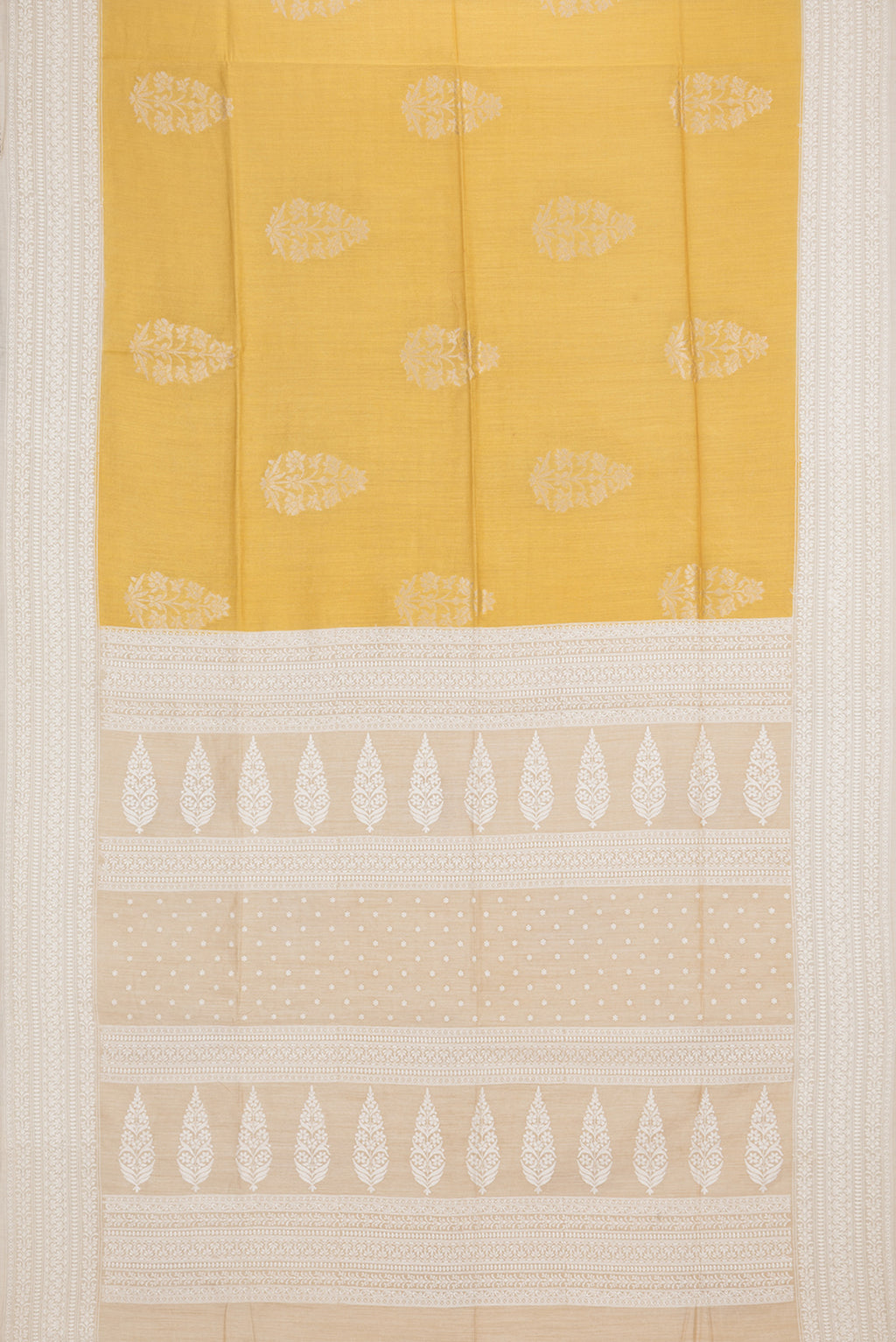 Flat view of Pure Silk Yellow Tussar Saree with Zari Butta on the body and Embroidered Border. 